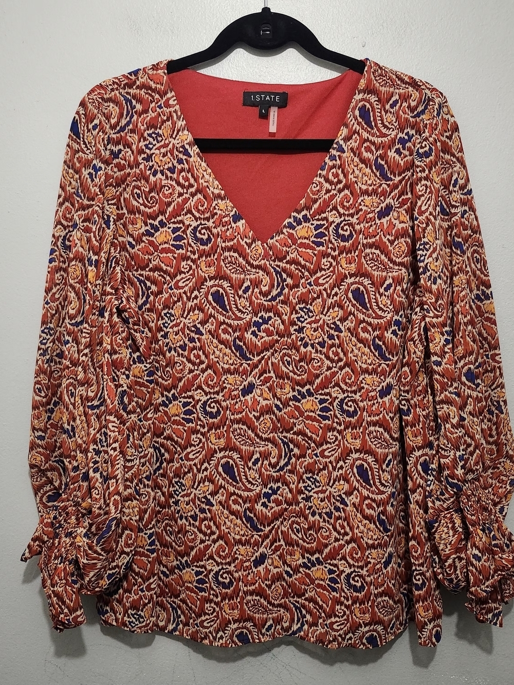 1. State Red Multicolor V-Neck Long Sleeve Printed Blouse
